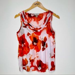 Ann Taylor LOFT Ruffle Floral Watercolor Silk Blouse Top Red Size Petite Small